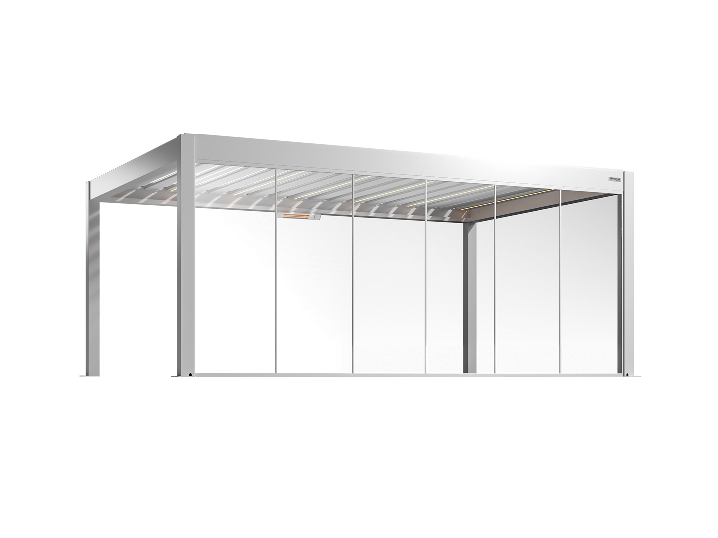 Modern white pergola with fixed glass walls on a white background