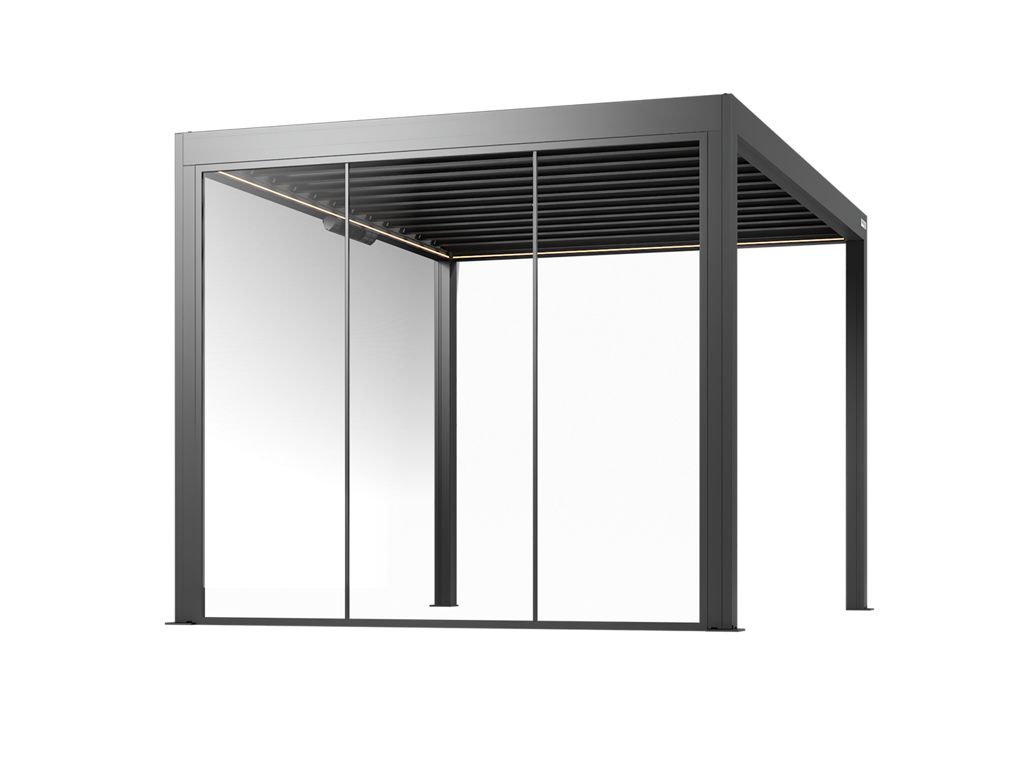 Black pergola with fixed glass walls on a white background