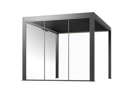 Black pergola with fixed glass walls on a white background
