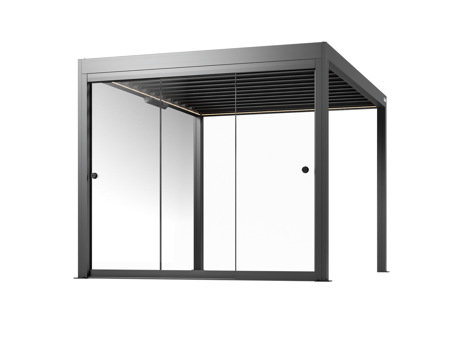 Black pergola with framed glass walls on a white background