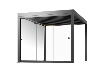 Black pergola with framed glass walls on a white background