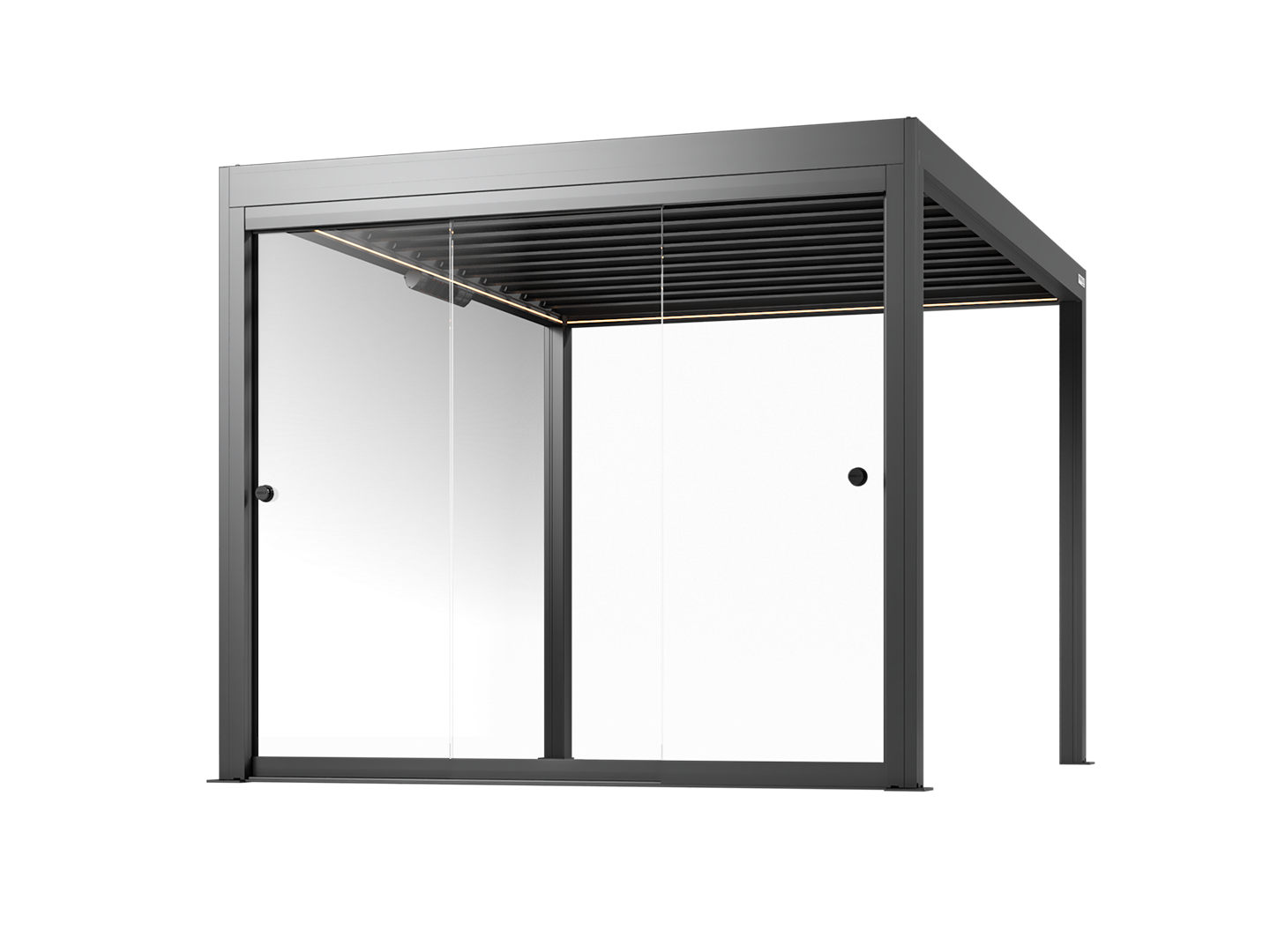 Black pergola with frameless glass walls on a white background