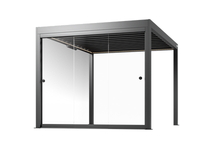 Black pergola with frameless glass walls on a white background
