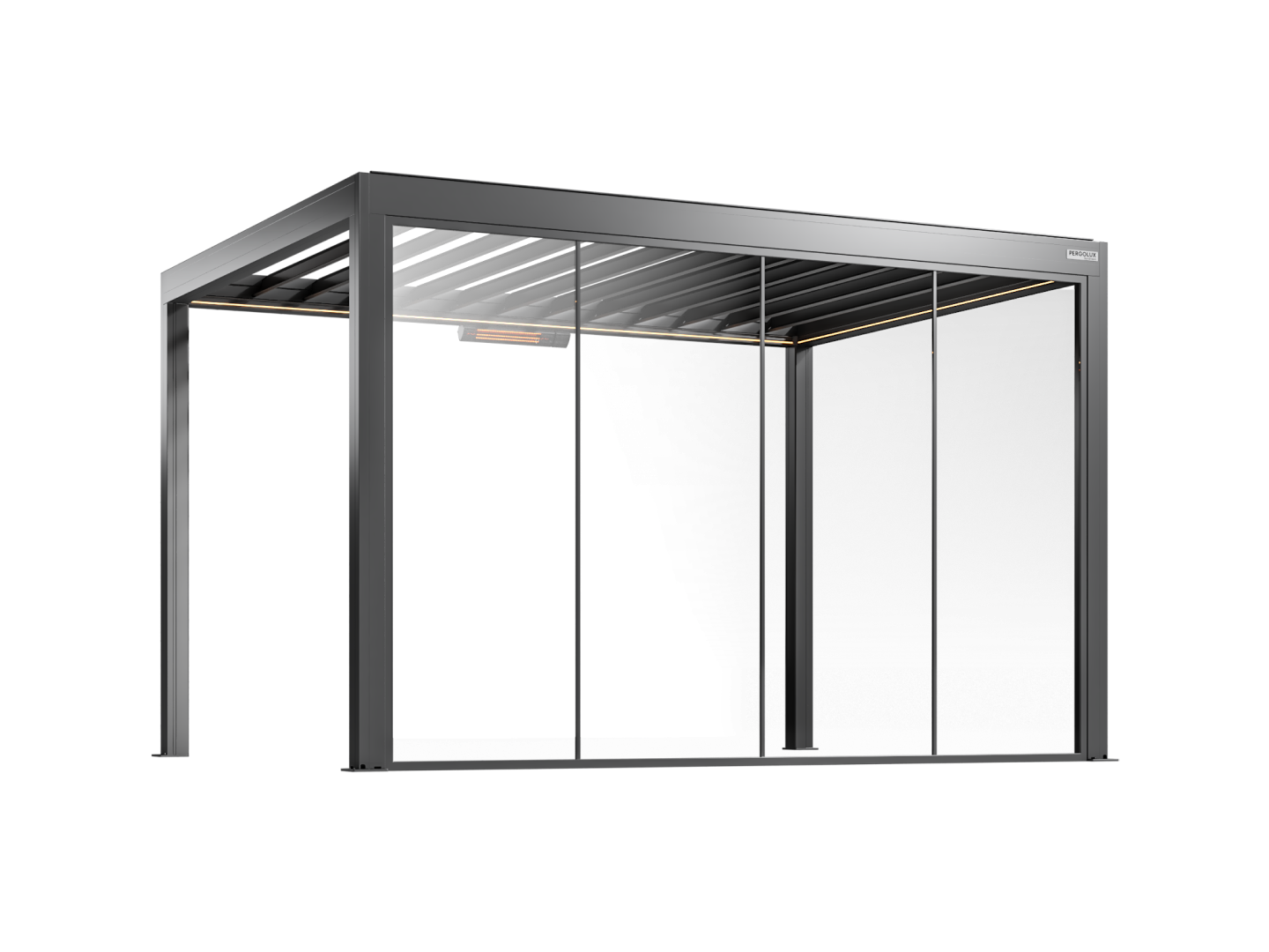 Black pergola with fixed glass walls on a white background
