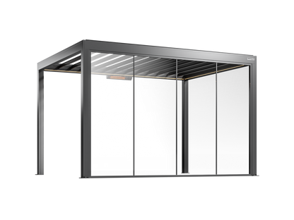Black pergola with fixed glass walls on a white background