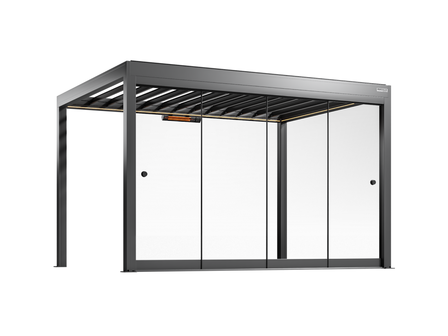 Black pergola with framed glass walls on a white background