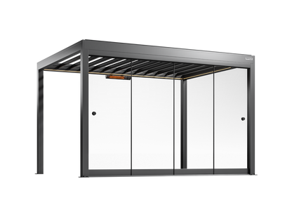 Black pergola with framed glass walls on a white background