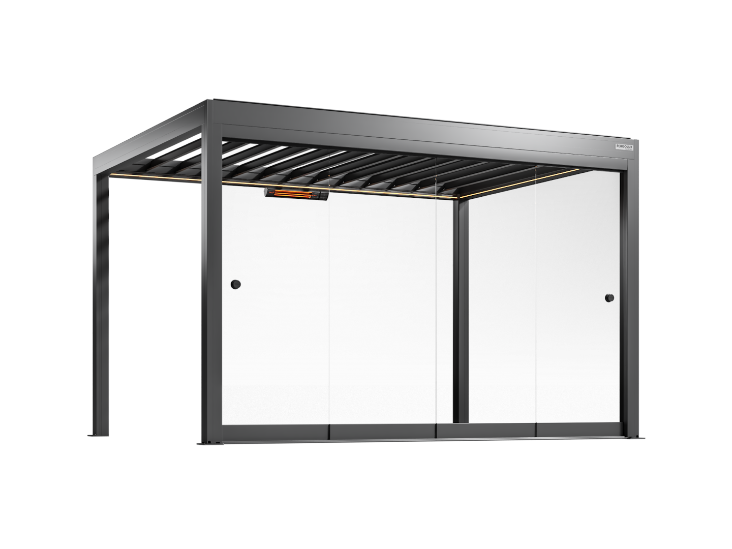 Black pergola with frameless glass walls on a white background