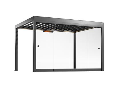 Black pergola with frameless glass walls on a white background