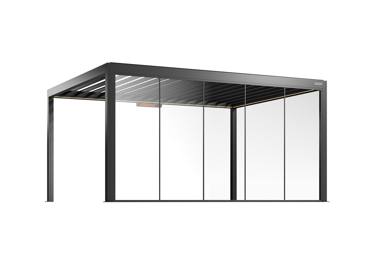 Black pergola with fixed glass walls on a white background