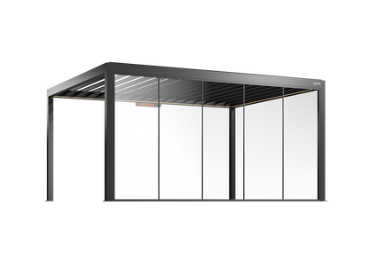 Black pergola with fixed glass walls on a white background