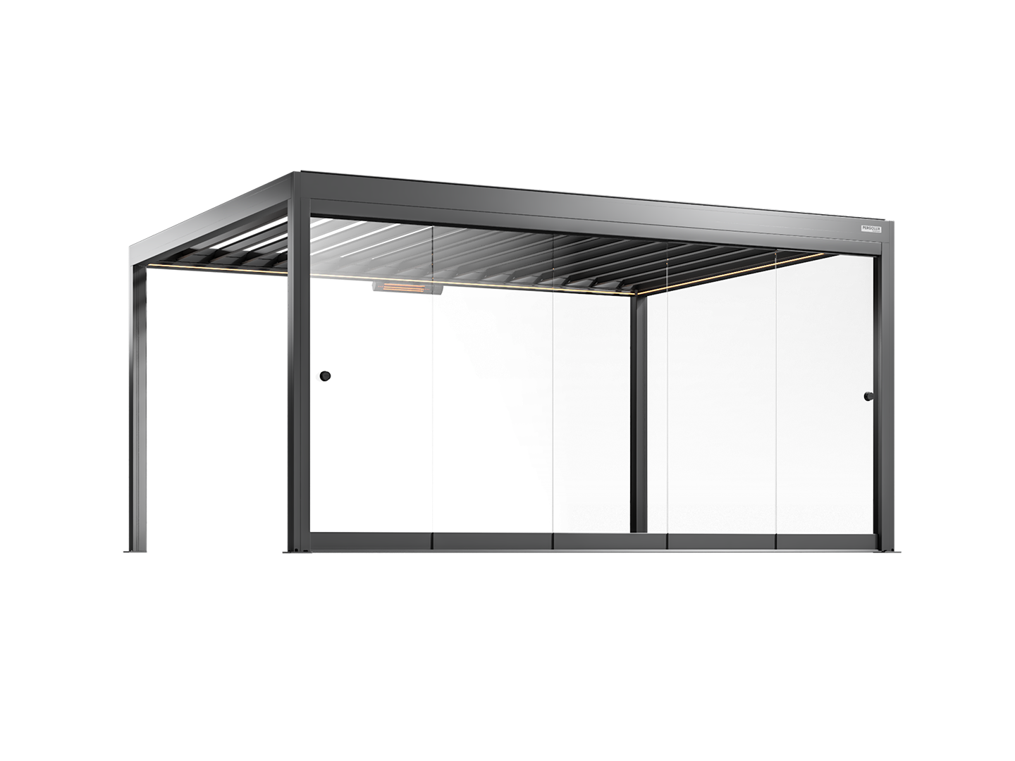 Black pergola with frameless glass walls on a white background