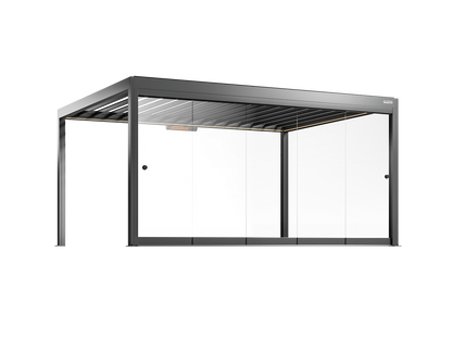Black pergola with frameless glass walls on a white background