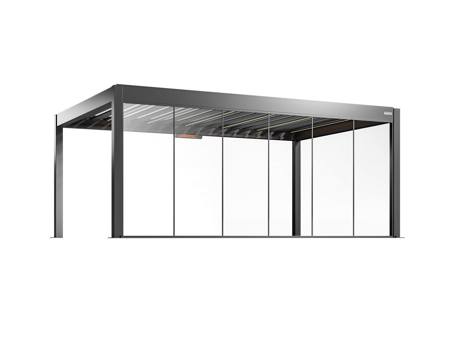 Modern black pergola with fixed glass walls on a white background