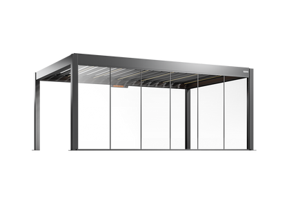 Modern black pergola with fixed glass walls on a white background