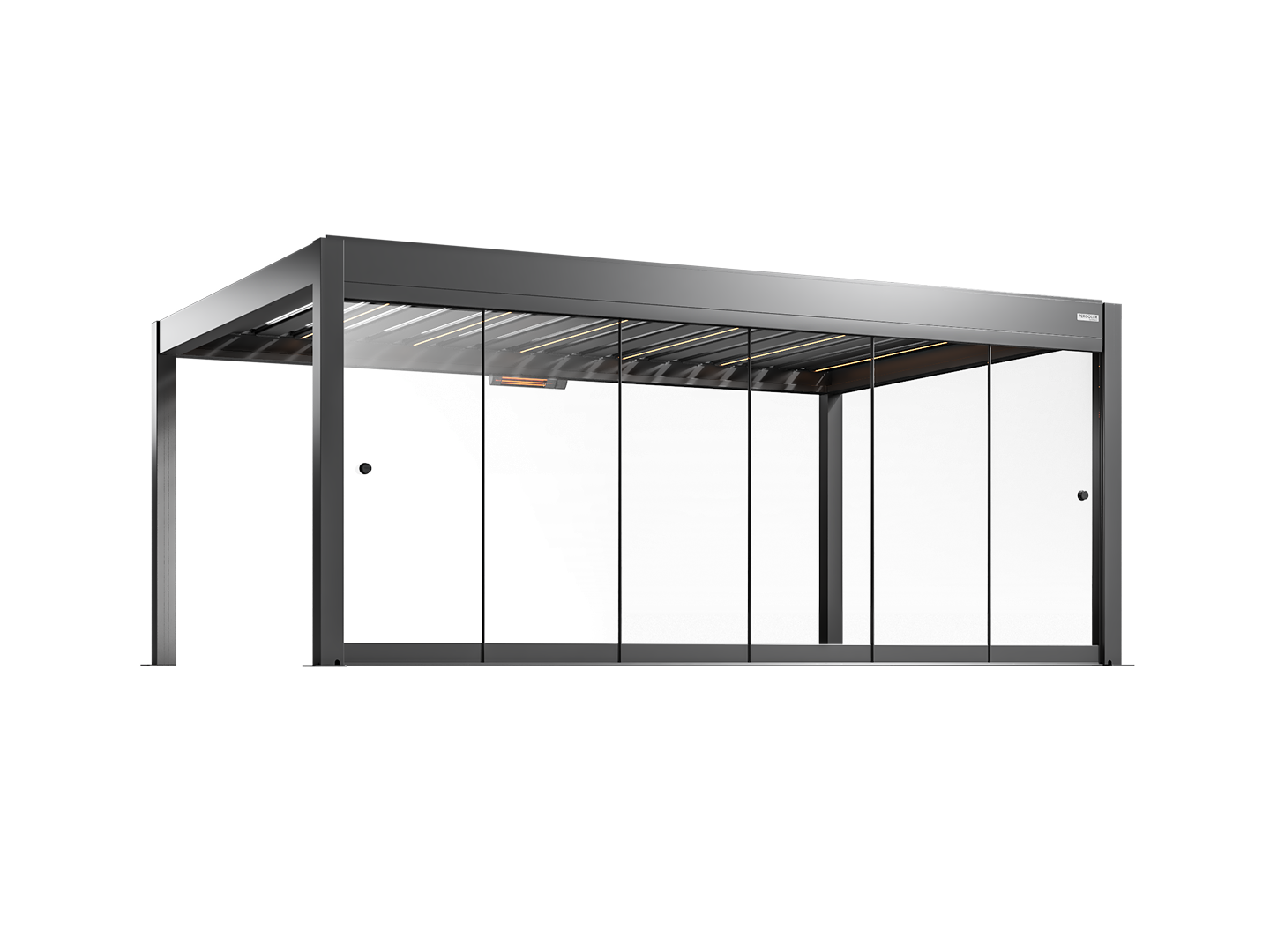 Modern black pergola with glass walls on a white background