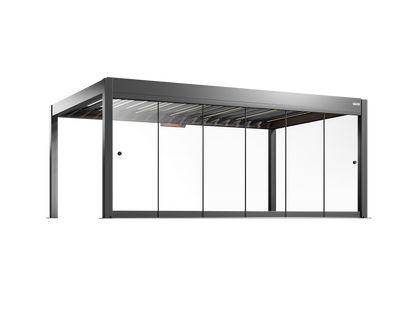 Modern black pergola with glass walls on a white background