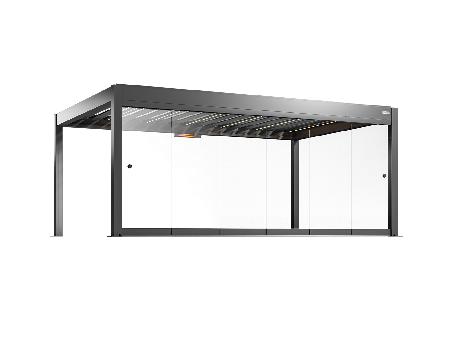 Modern black pergola with frameless glass walls on a white background