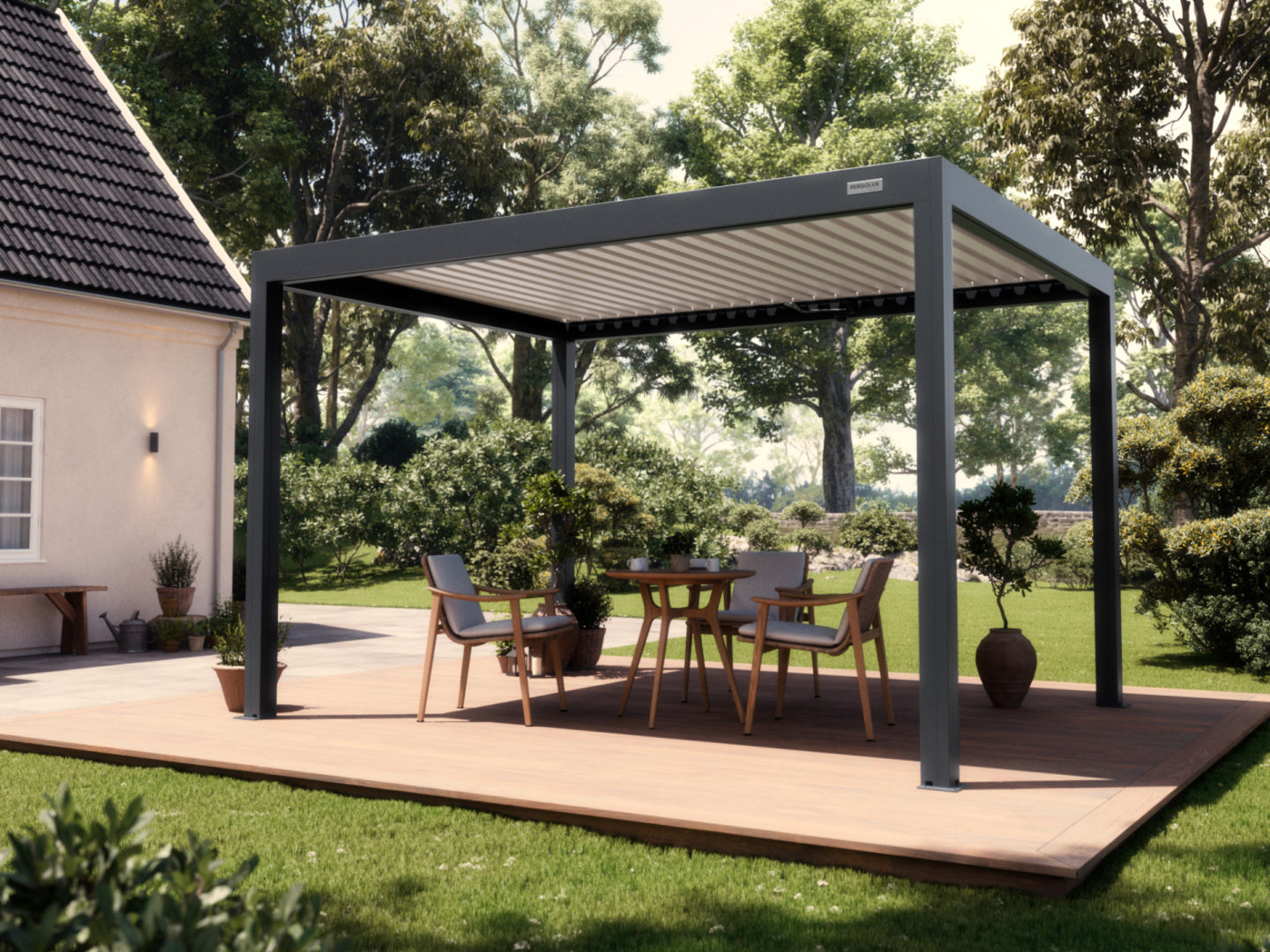 Black Free Standing 3x4 pergola with white louvres