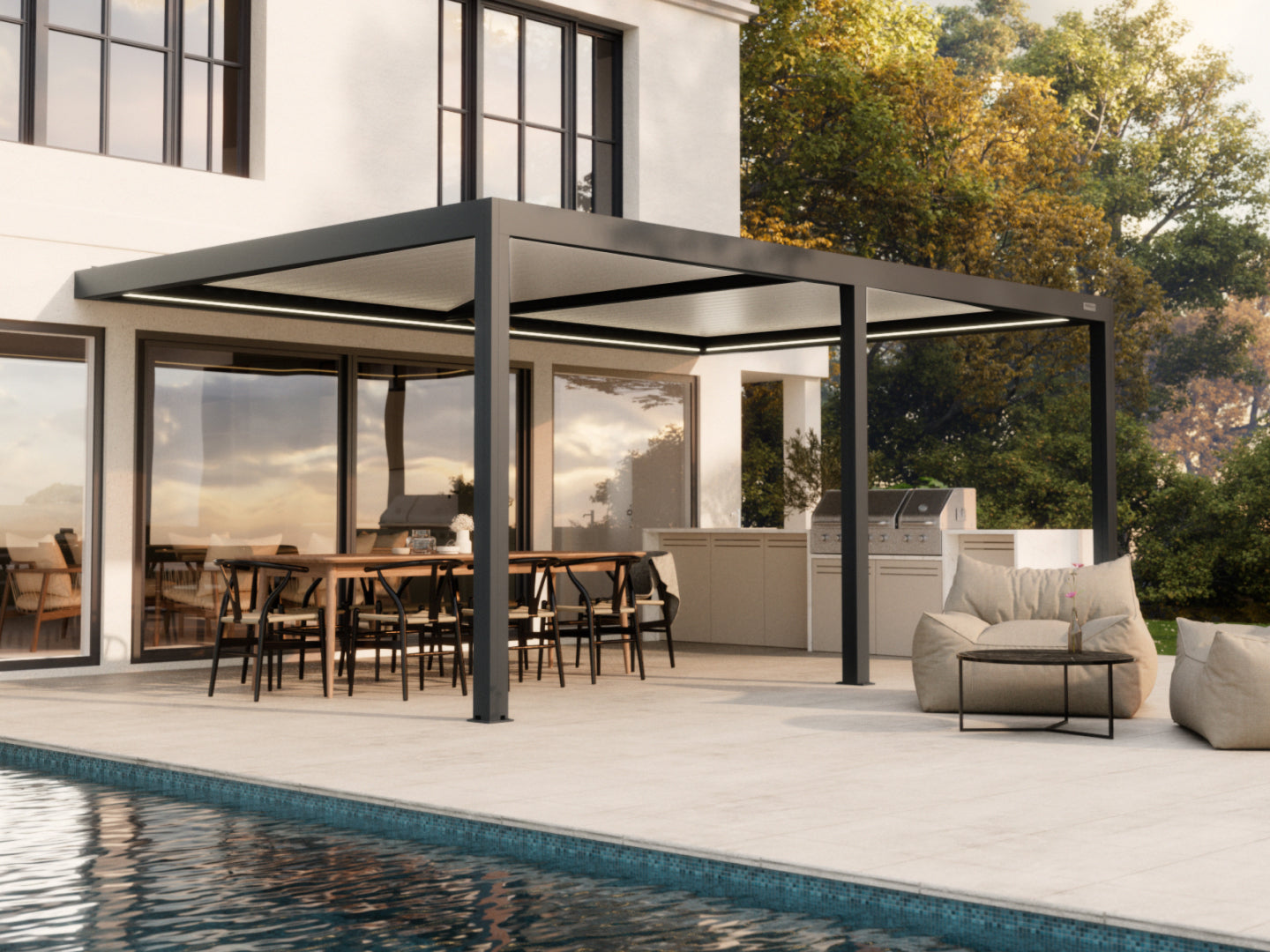 Black Wall Mounted 4x6 pergola with white louvres