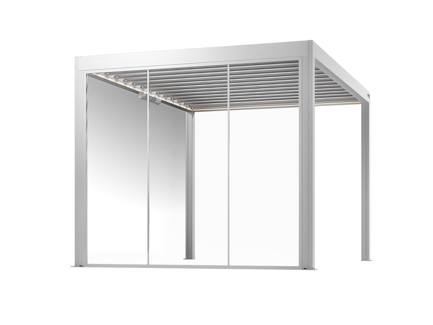 White pergola with fixed glass walls on a white background