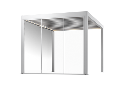 White pergola with fixed glass walls on a white background