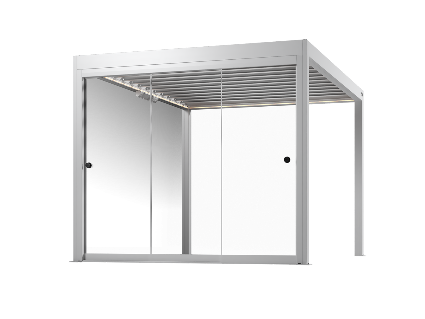 White pergola with frameless glass walls on a white background