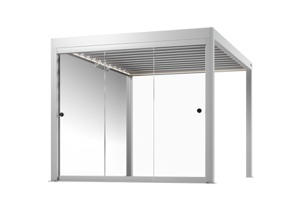 White pergola with frameless glass walls on a white background