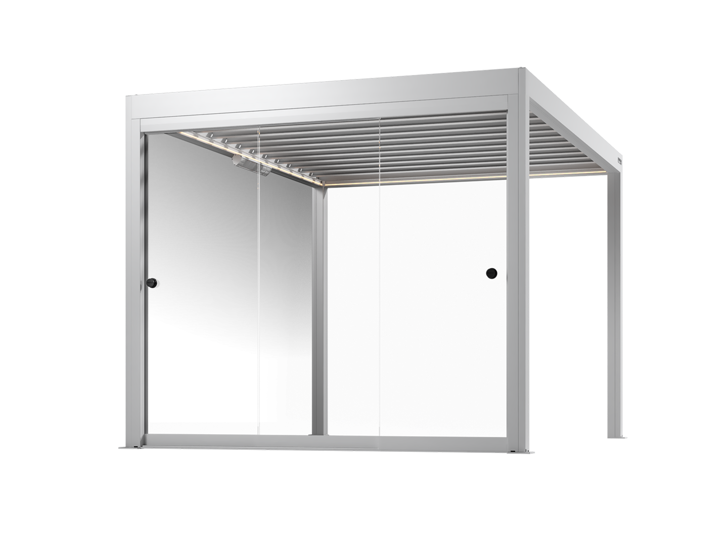 White pergola with frameless glass walls on a white background