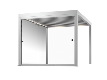 White pergola with frameless glass walls on a white background