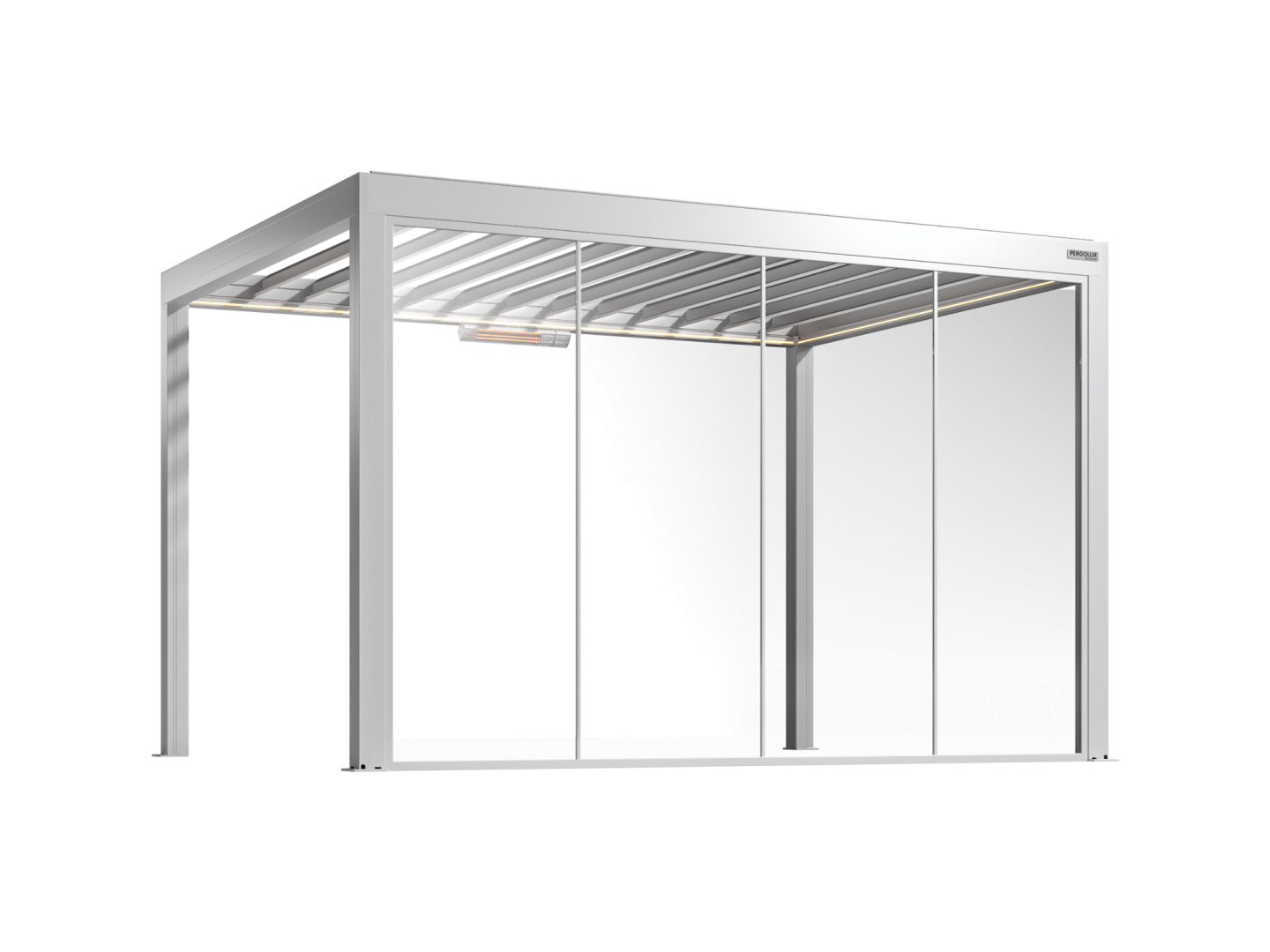 White pergola with fixed glass walls on a white background