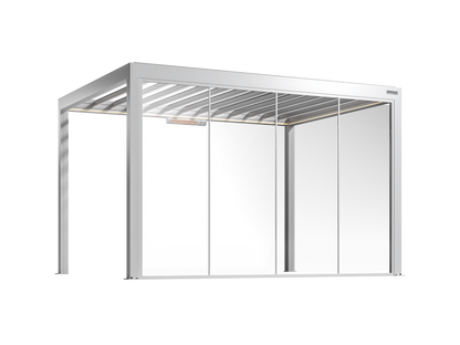White pergola with fixed glass walls on a white background