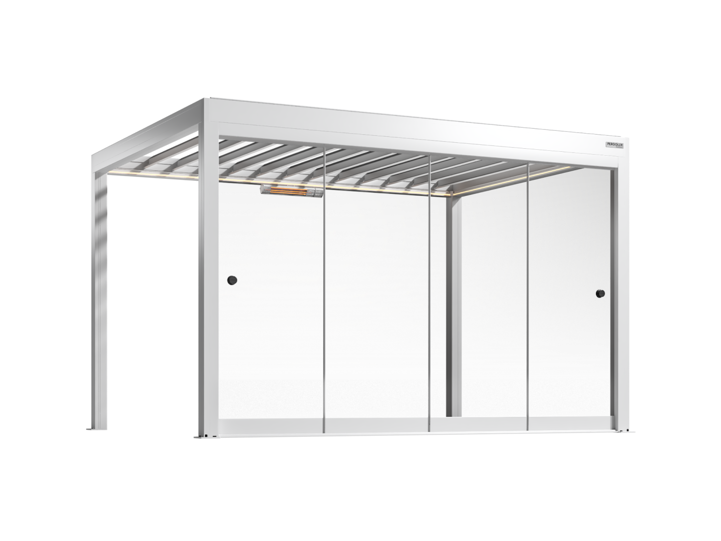 White pergola with frameled glass walls on a white background