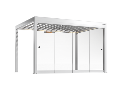 White pergola with frameled glass walls on a white background