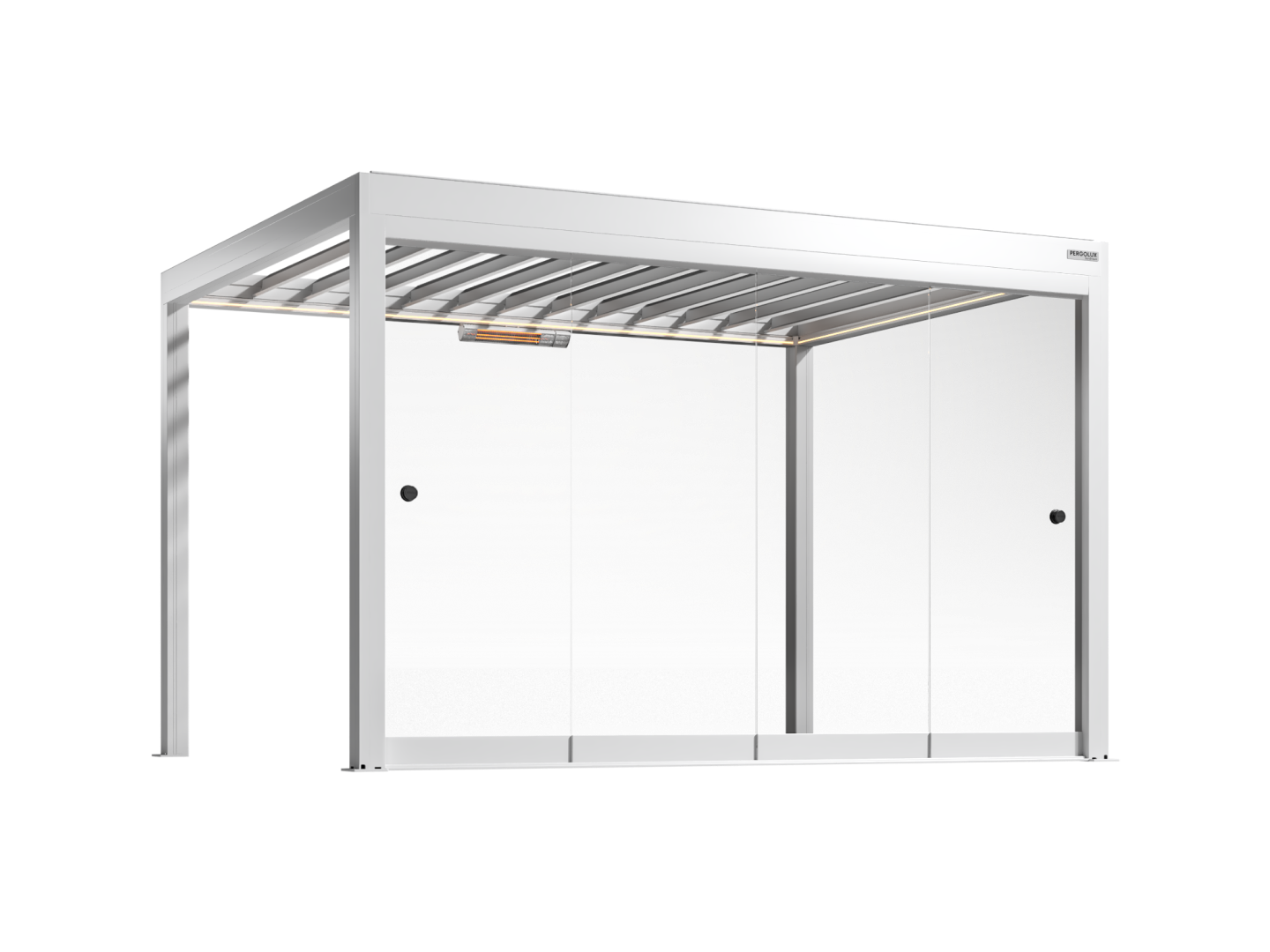White pergola with frameless glass walls on a white background