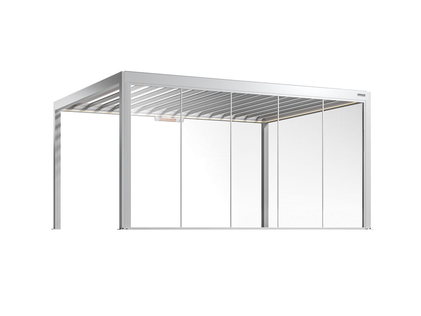 White pergola with fixed glass walls on a white background