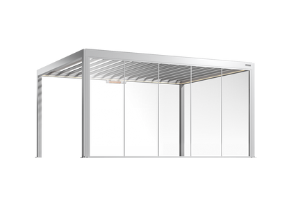 White pergola with fixed glass walls on a white background