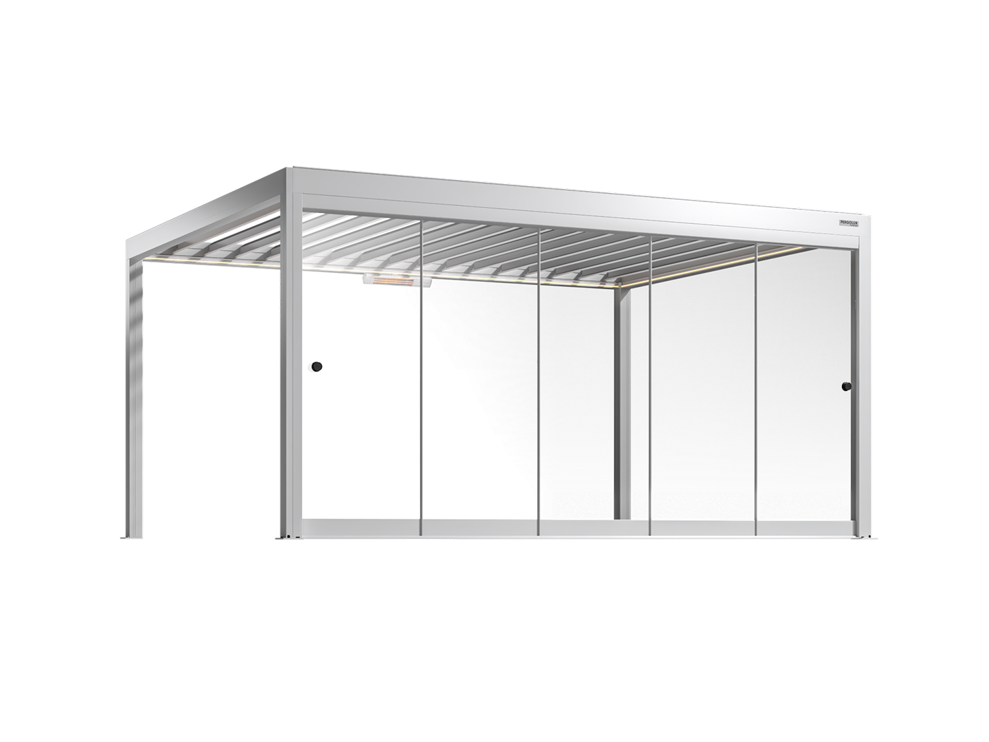 White pergola with framed glass walls on a white background