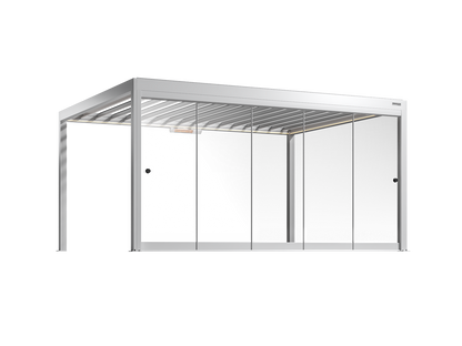 White pergola with framed glass walls on a white background