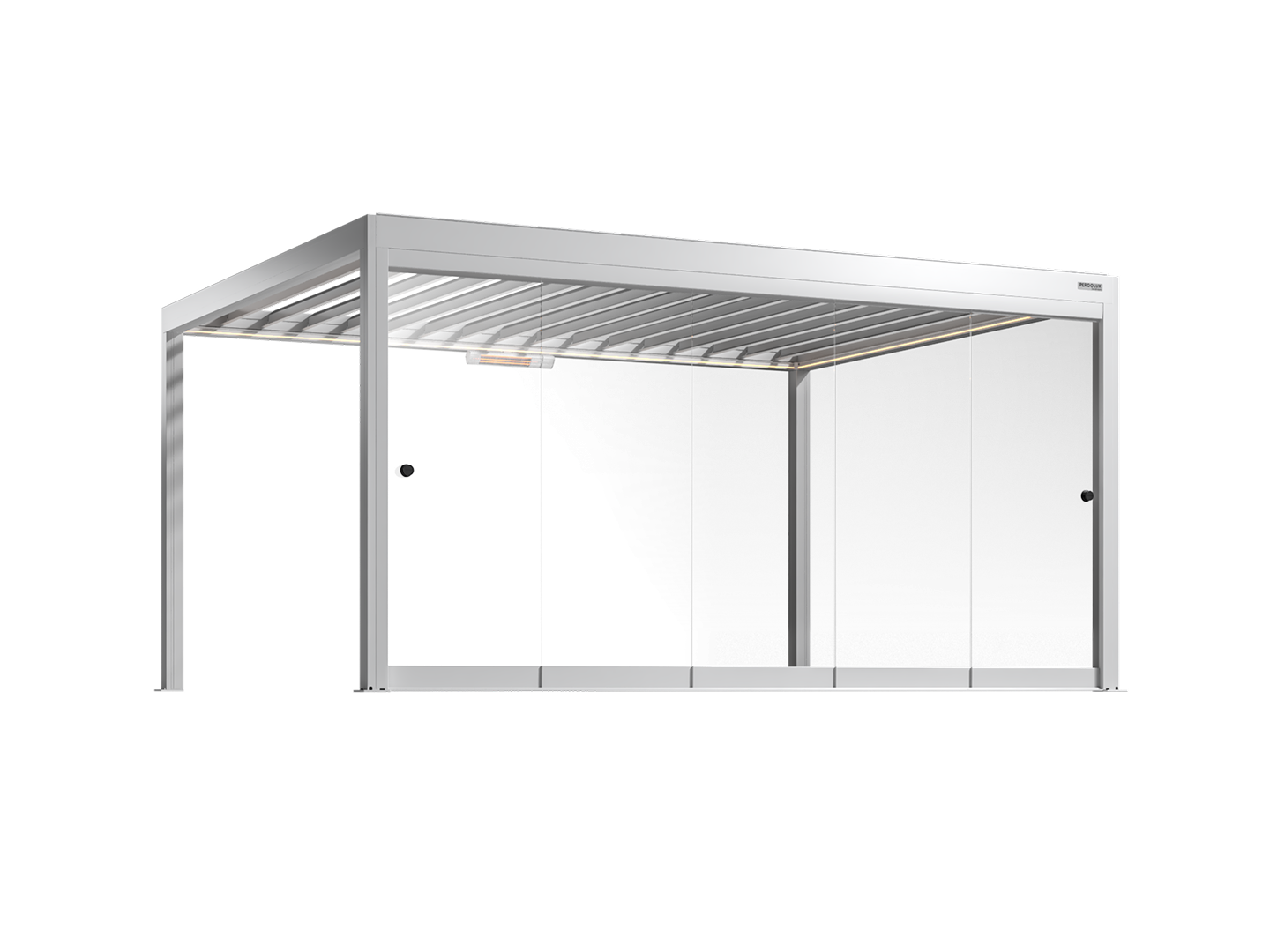 White pergola with frameless glass walls on a white background