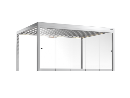 White pergola with frameless glass walls on a white background