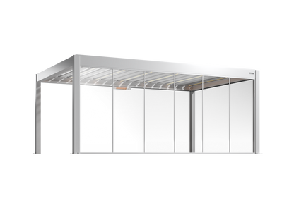 Modern white pergola with fixed glass walls on a white background
