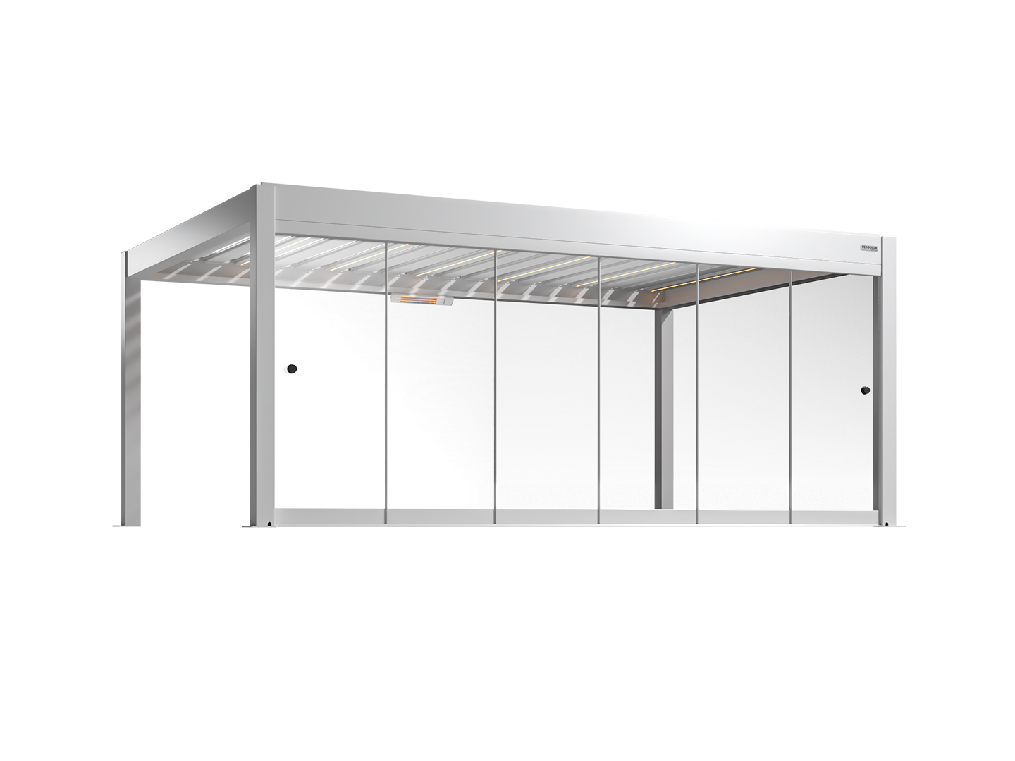 Modern white pergola with framed glass walls on a white background
