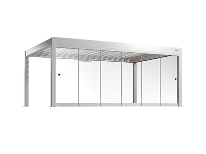 Modern white pergola with framed glass walls on a white background
