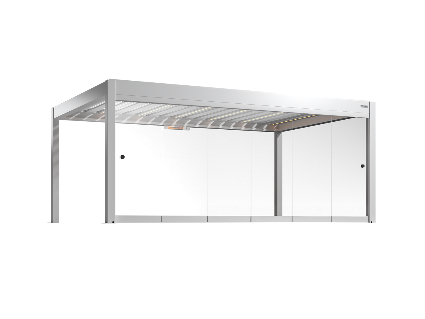 Modern white pergola with frameless glass walls on a white background