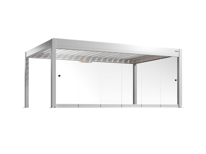 Modern white pergola with frameless glass walls on a white background
