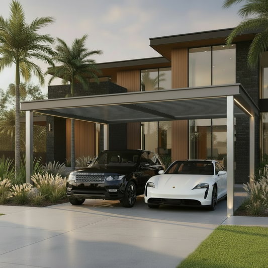 Double carport with two cars parked underneath