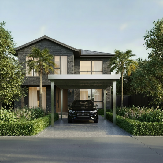 Steel Carport with Luxury Car Dark Stone Home